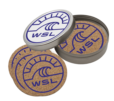 cork coaster set in tin with WSL logo
