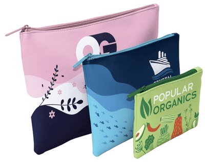 3 Vegan leather pouches with colorful designs