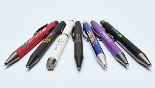 Bowie Softy Metal Pens with rubberized finish barrel and logos