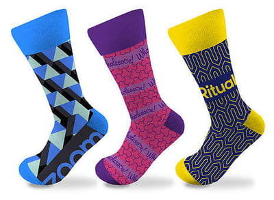 Three Custom Knitted Dress Socks Blue and Black, Purple and Magenta, and Yellow and Navy