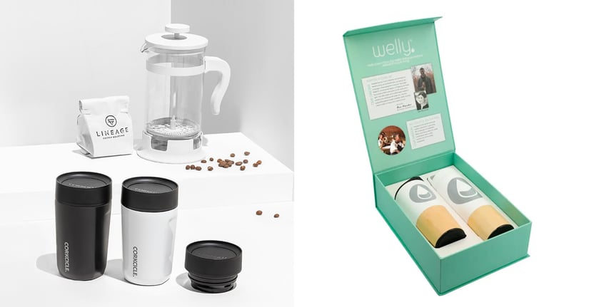 Two-panel image featuring a French Press for coffee, and two branded coffee mugs