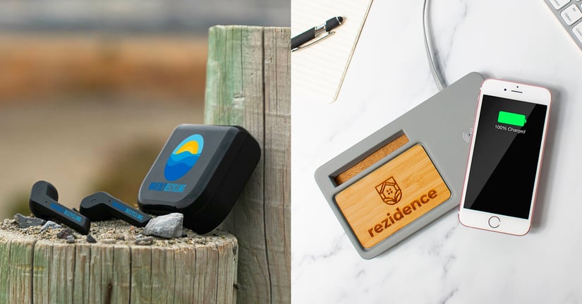 Two-panel image of wireless earbuds in a branded charging case and a branded wireless phone charger