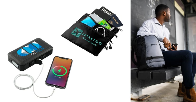 Two-panel image featuring a branded wireless charging bank, a branded passport wallet, and a man with a branded travel backpack