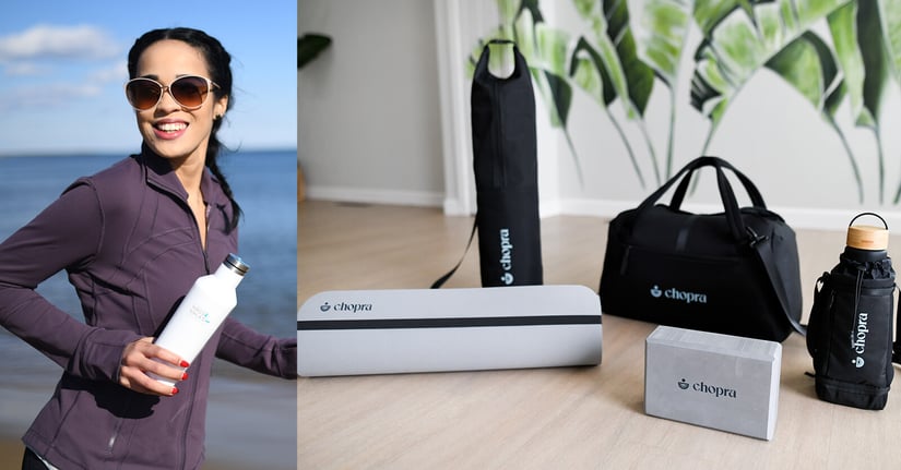 Two-panel image of a woman running while holding a branded water bottle, and an assortment of branded exercise gear in a yoga studio