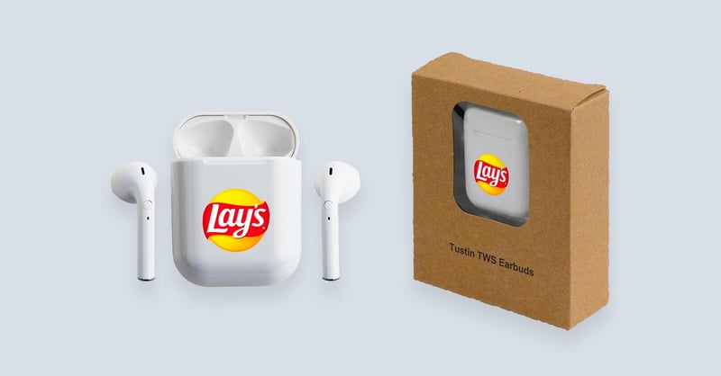Wireless earbuds with branding for a conference giveaway