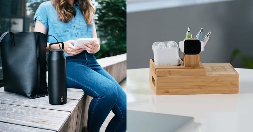 Two-panel image of a woman sitting on bench with a branded water bottle, and a 3-in-1 dock for wireless charging of your electronics