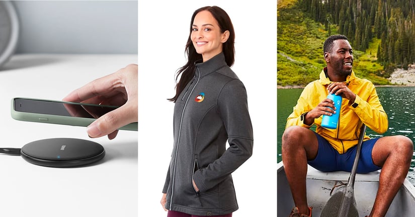 Three-panel image featuring multiple types of company swag, including a wireless phone charger, a branded jacket, and a branded water bottle