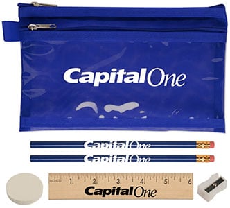 A custom branded kit of school supplies