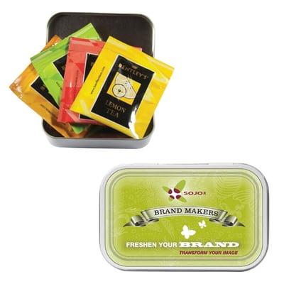 Open Compact Tea Tin with four tea packets and closed lid with brand logo