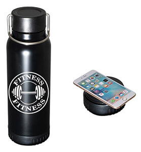 Unique swag that combines a water bottle with a phone charging station.