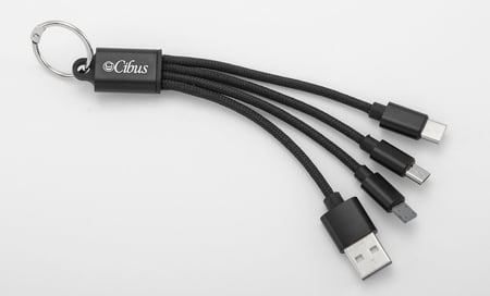 Black 4-in-1 Keychain Charging Cable with Cibus logo
