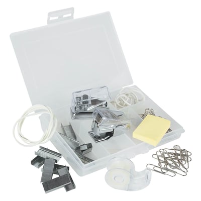 open white stationary kit with sticky notes paper clips staples tape rubber bands included
