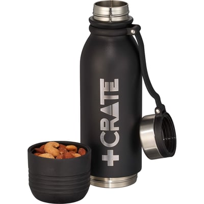 Black water bottle with crate logo and unscrewed bottom containing almonds