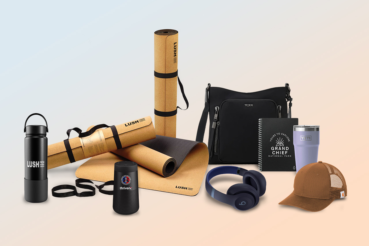 An array of the best company swag ideas for employees including health and wellness products, bags, headphones, yeti coffee mugs, and more.