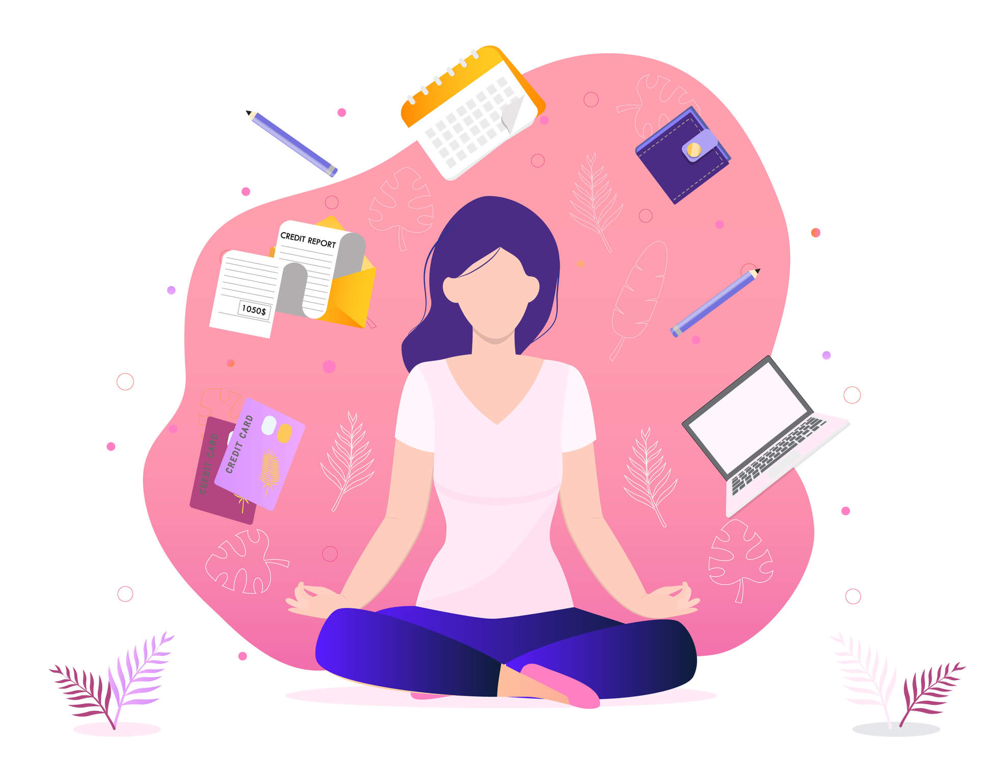 cartoon drawing of a woman meditating with computer, calendar, pen, and checklist surrounding her