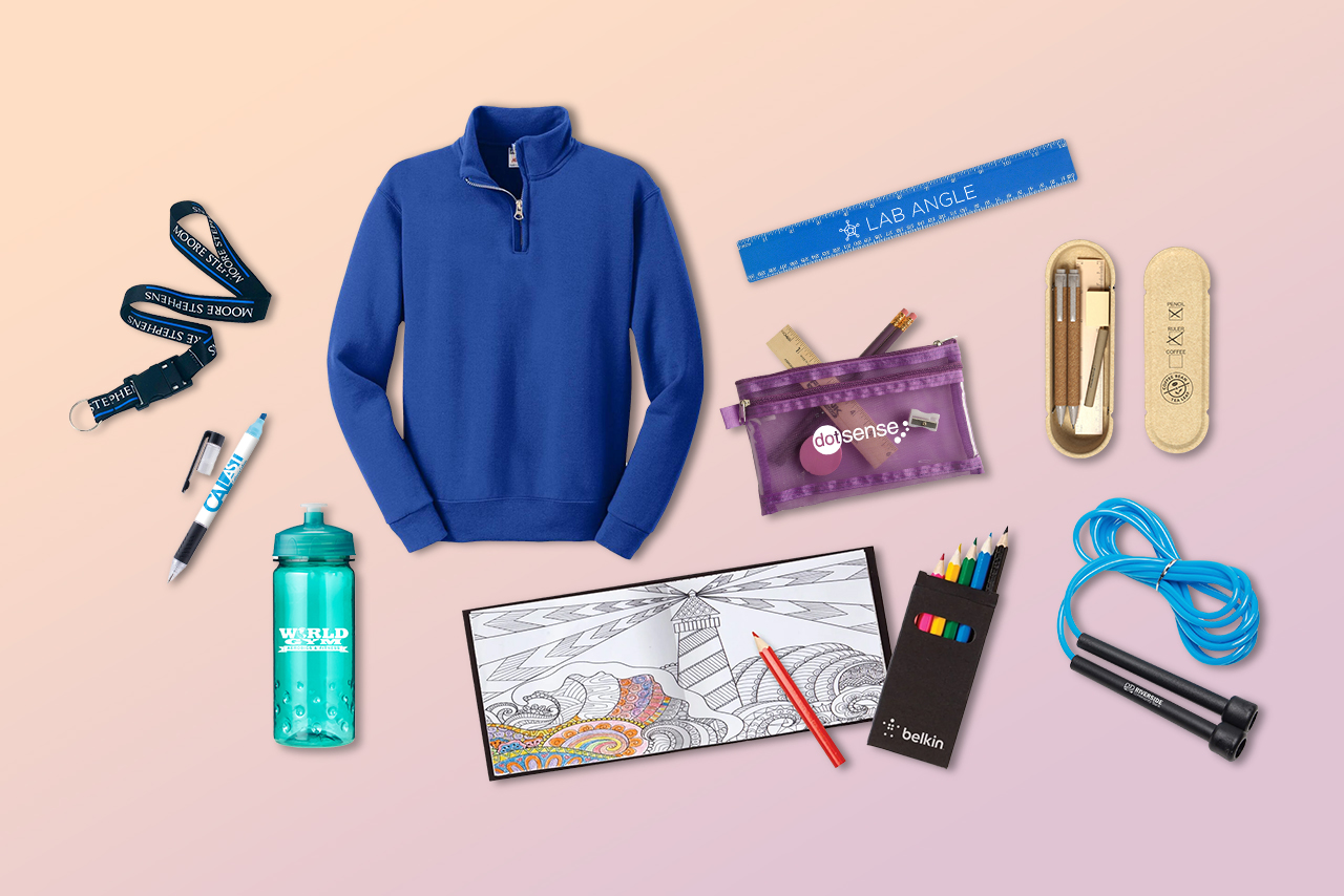 School Swag and School Spirit Wear Ideas including branded apparel, water bottles, stationary tools, and more.